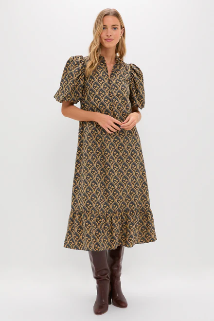 Navy & Tan Floral Mimi Midi Dress - 2