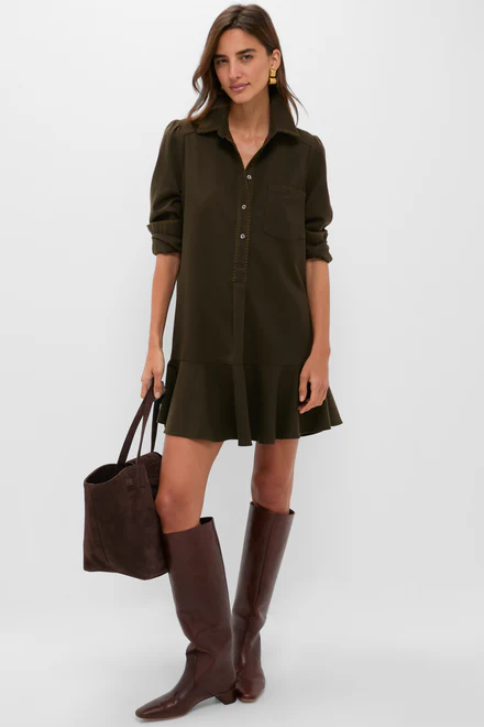 Dark Olive Whipstitch Brushed Wool Callahan Shirt Dress - 2